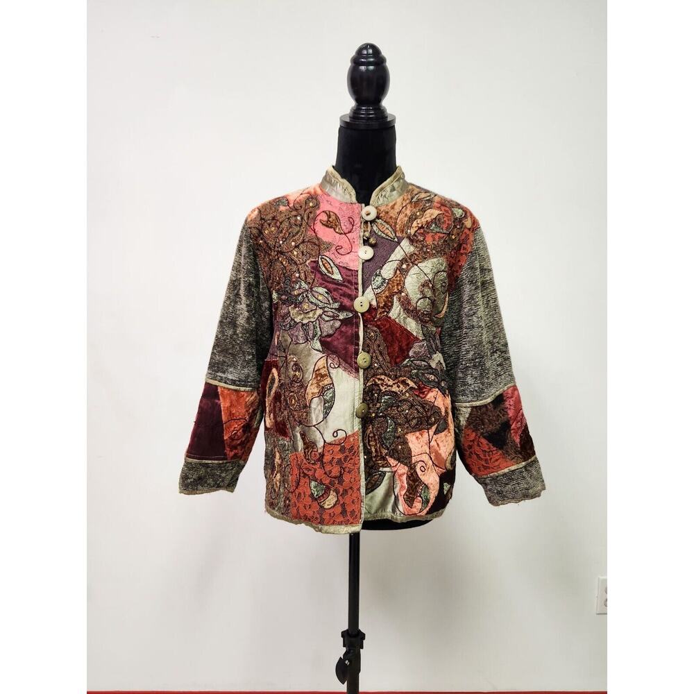 Drapers and Damons Jacket Patchwork Boho 3/4 Sleeves Size P/M Band Collar